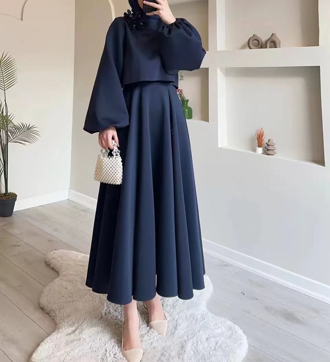 Solid Color Floral Flowy Midi Dress