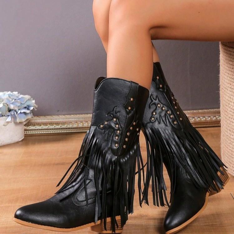 Tassels Rivets Leather Wedge Cowboy Boots