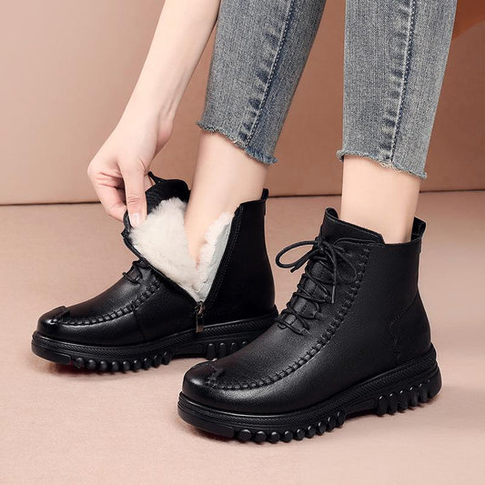 Black High Quality Leather Warm Non-Slip Shoes