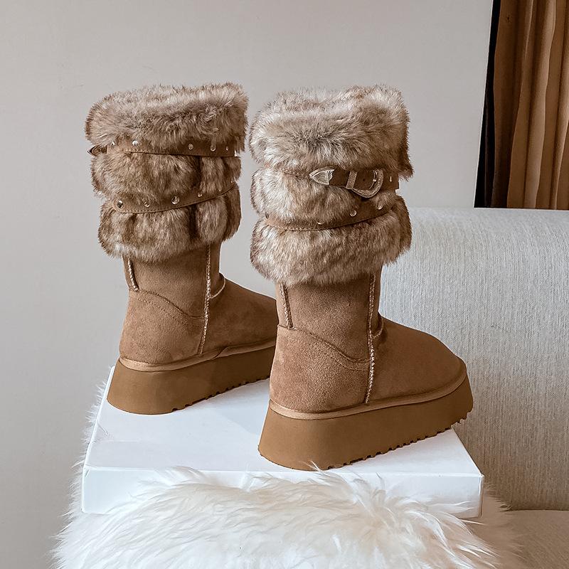 Outdoor Cross Belt Buckle Furry Mid-Calf Boots