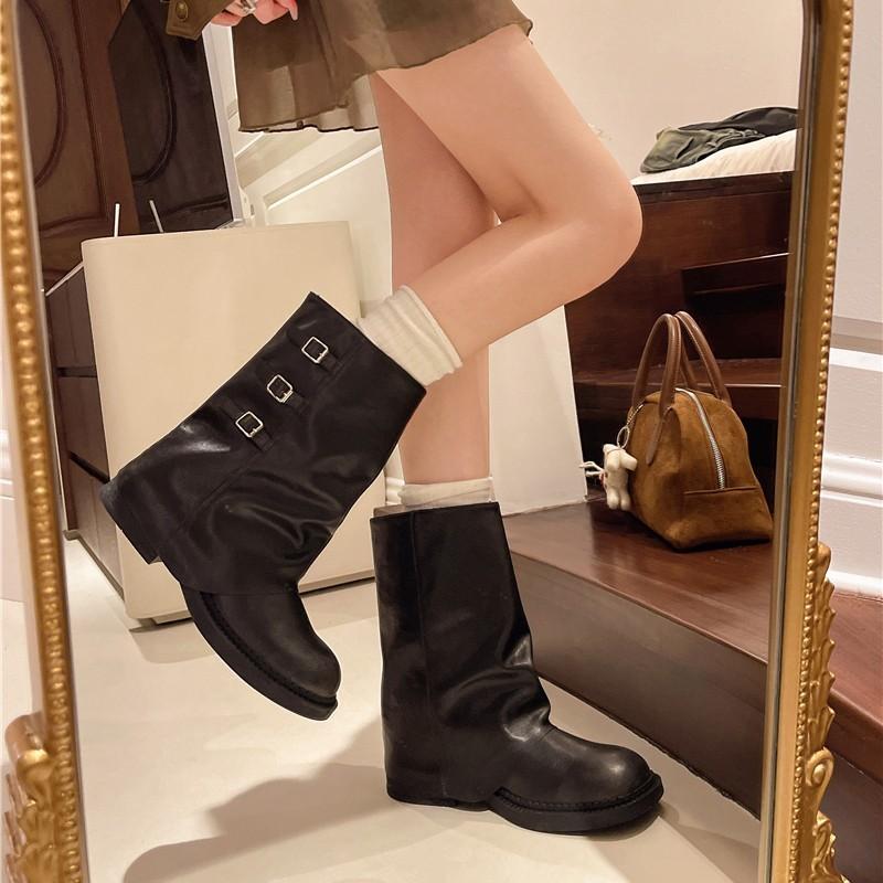 Belt Buckle Mid Calf Boots