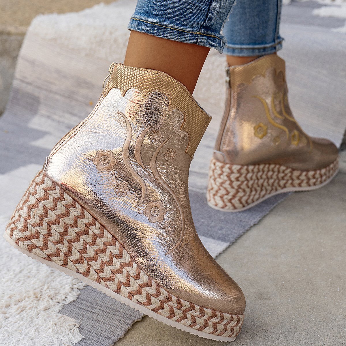 Wedges Embroidered Casual Retro Ankle Boots