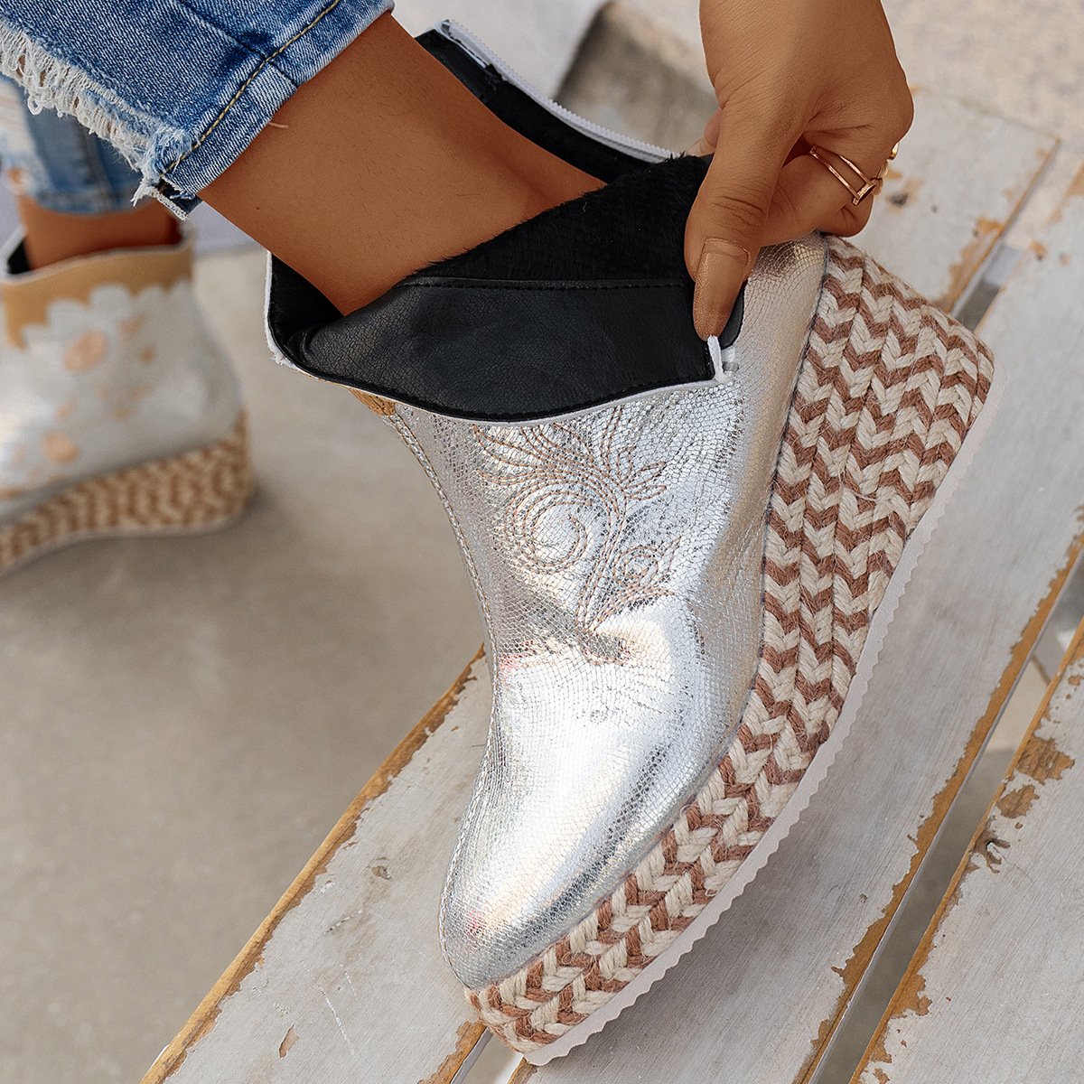 Wedges Embroidered Casual Retro Ankle Boots