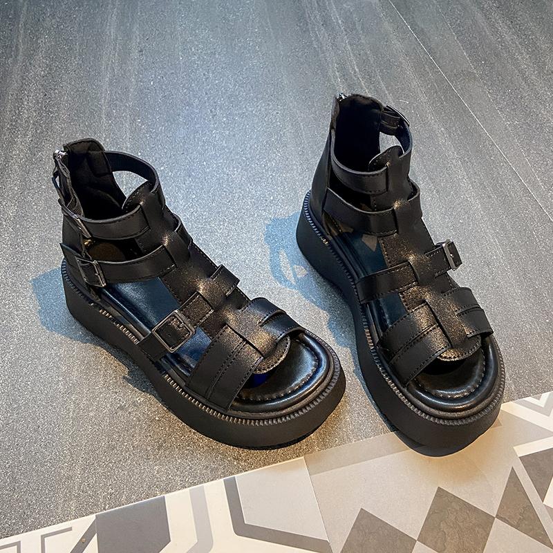 Leather Heightening Casual Hollow Zipper Sandals