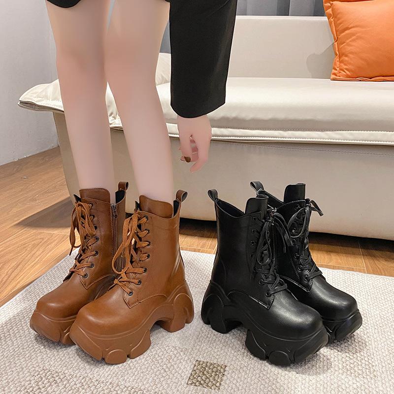 Wedge Retro Leather Lace-Up Chunky Boots