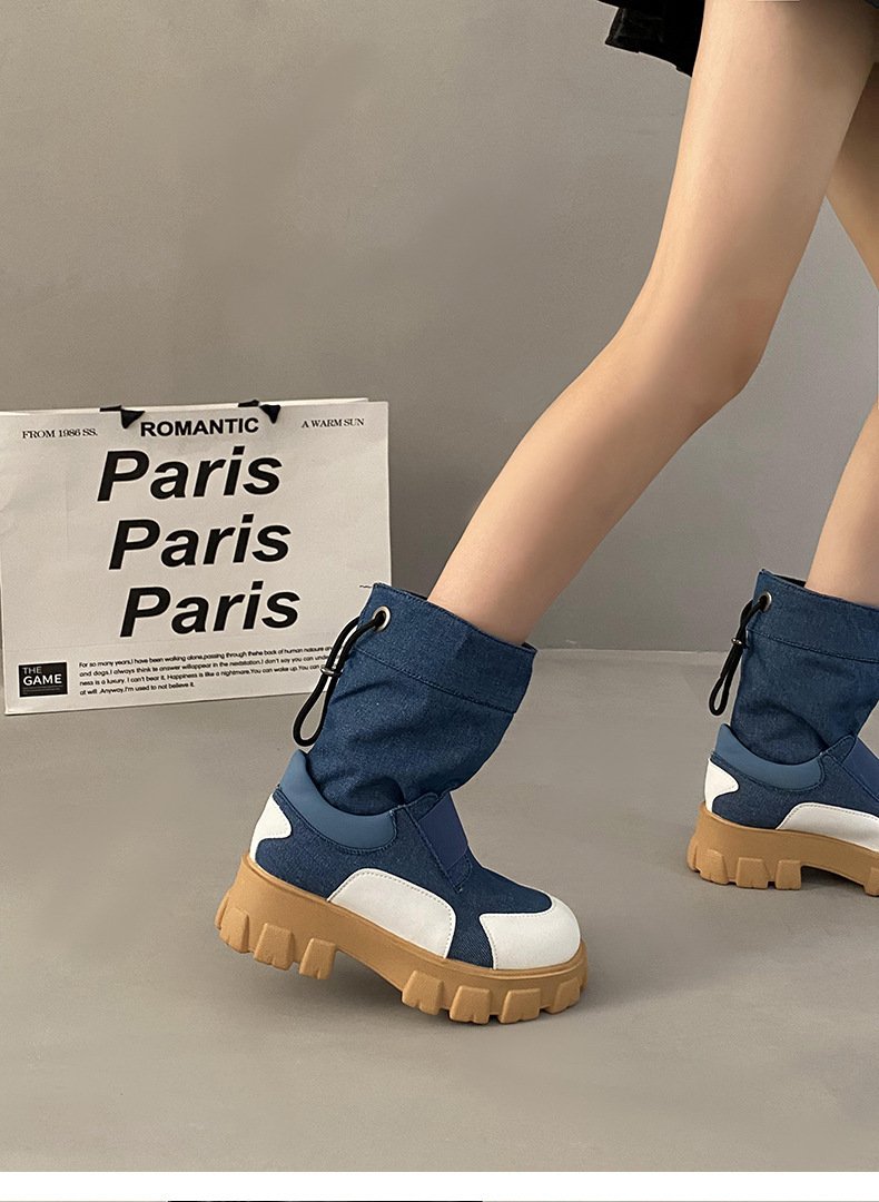 Leather Denim Patchwork Boots