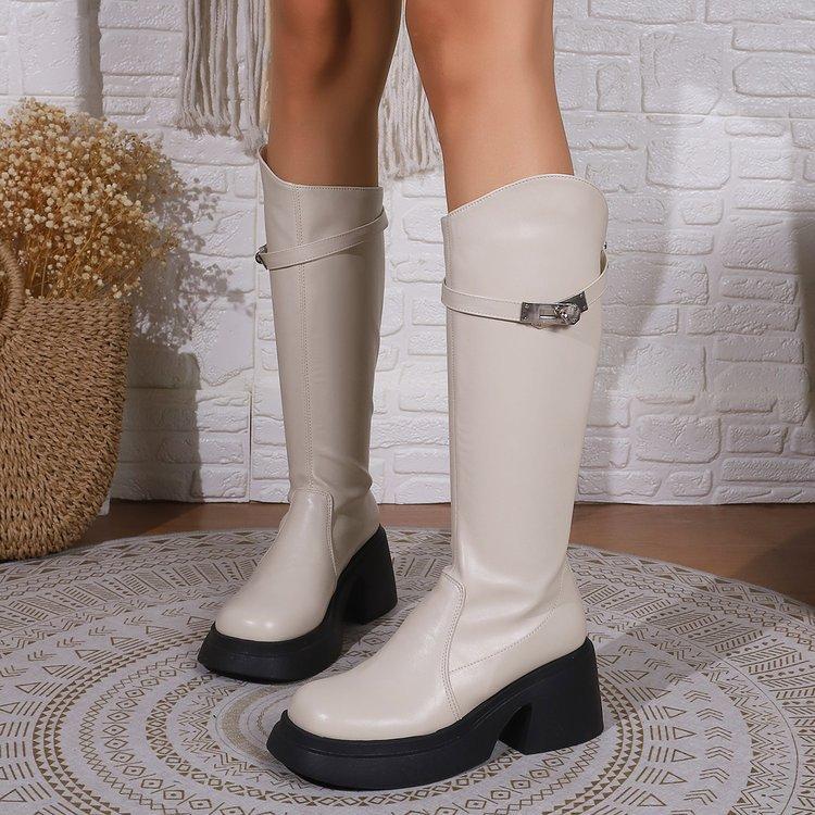 Leather Round Toe Thick Heels Boots