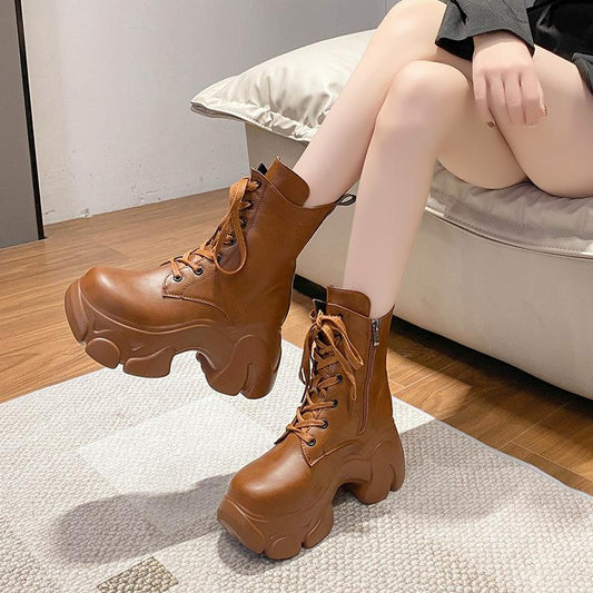 Wedge Retro Leather Lace-Up Chunky Boots