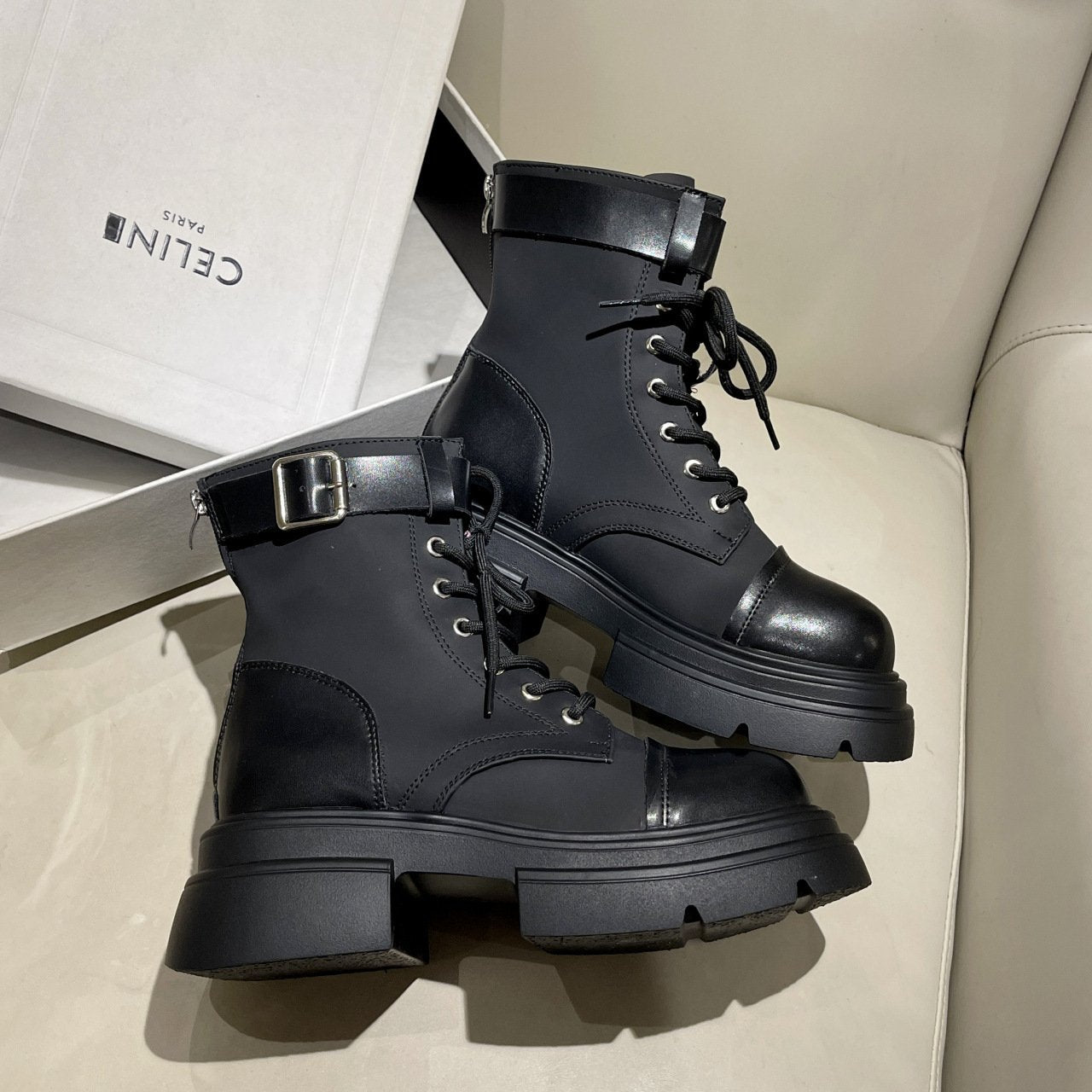 Solid Color Leather Belt Buckle Boots