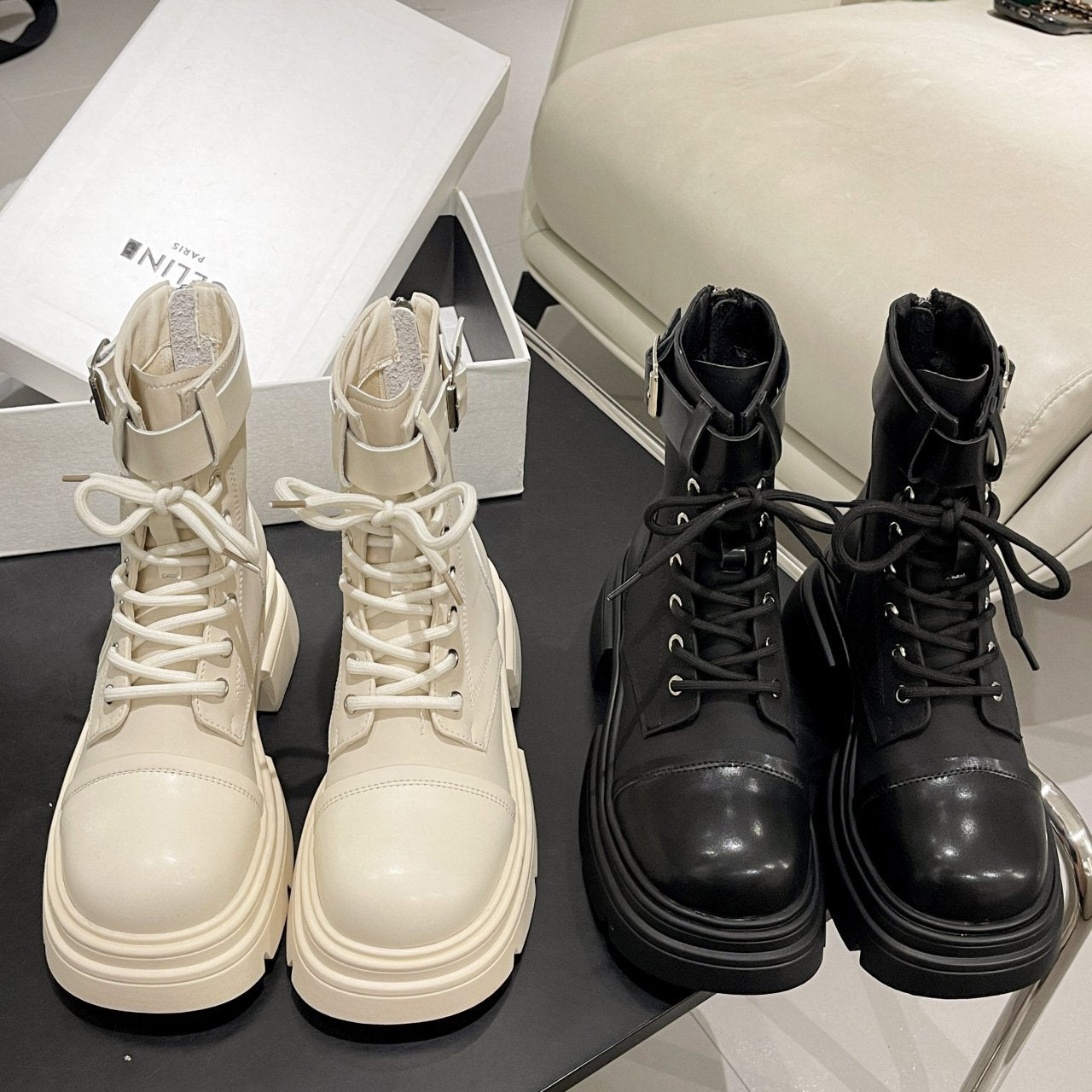 Solid Color Leather Belt Buckle Boots