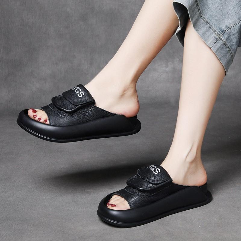 Rubber Genuine Leather Soft Flat Sandals