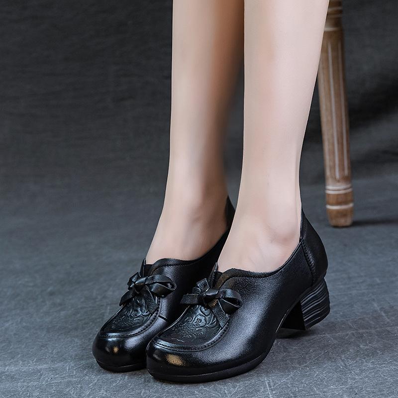 Bow Leather Mid-Heel Shoes