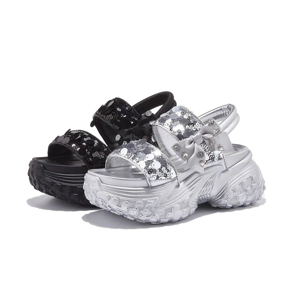 Bow Sequins Chunky Sandals