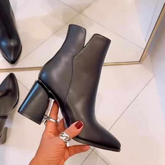 Black Leather Thick-Heel Shoes