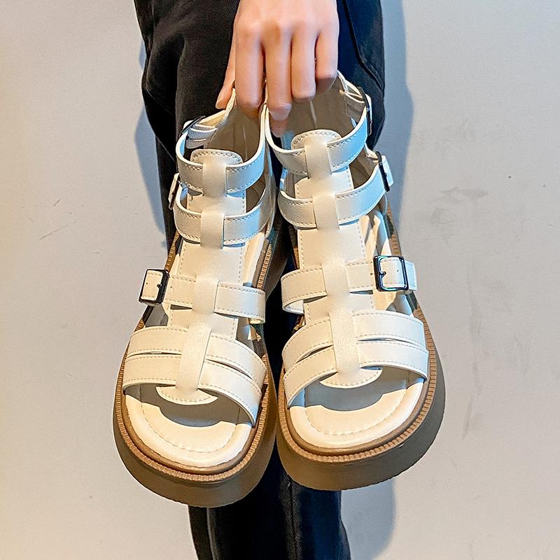 Leather Heightening Casual Hollow Zipper Sandals