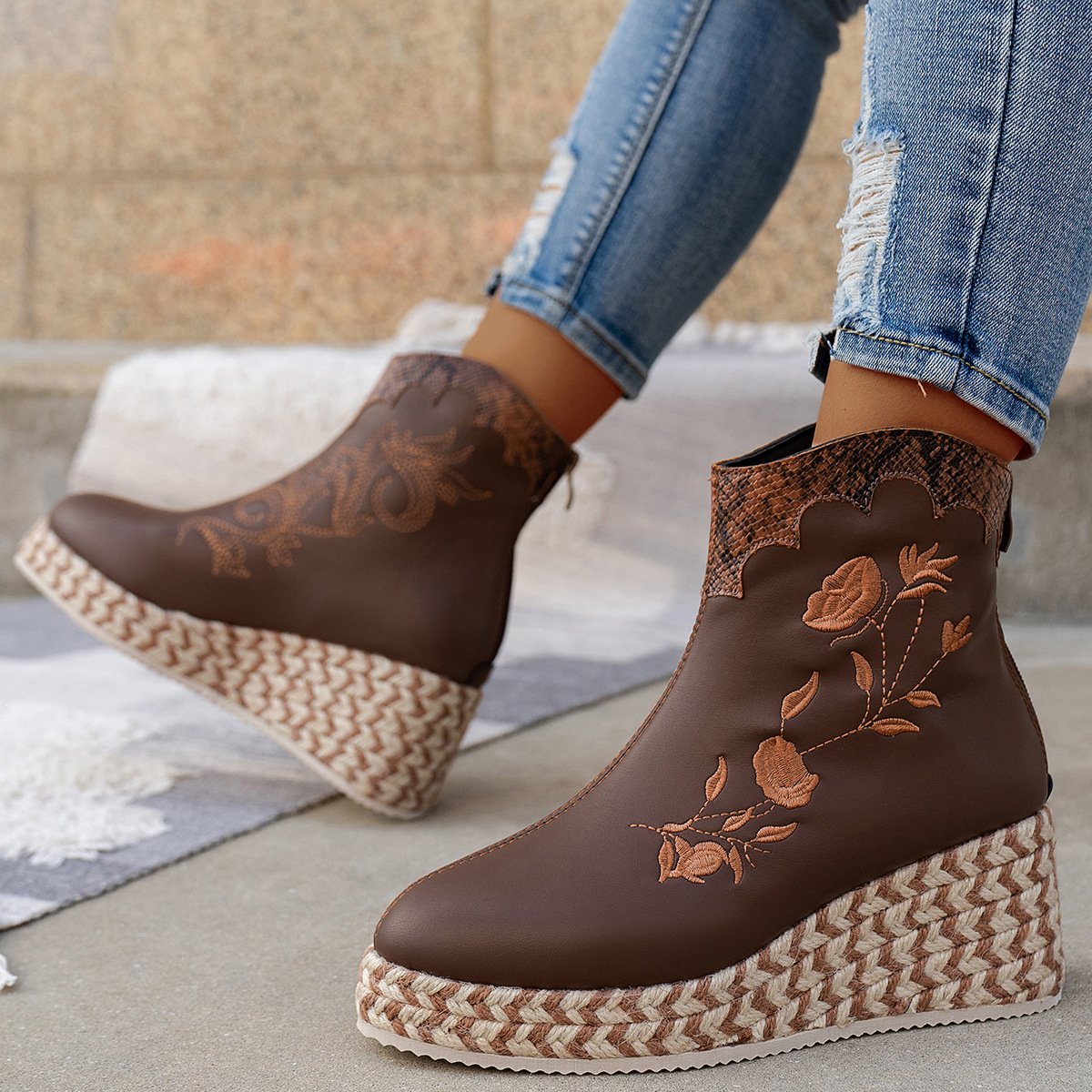 Wedges Embroidered Casual Retro Ankle Boots
