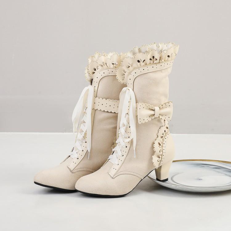 Ruffled Bow Ribbon Burnt Flower Knight Boots
