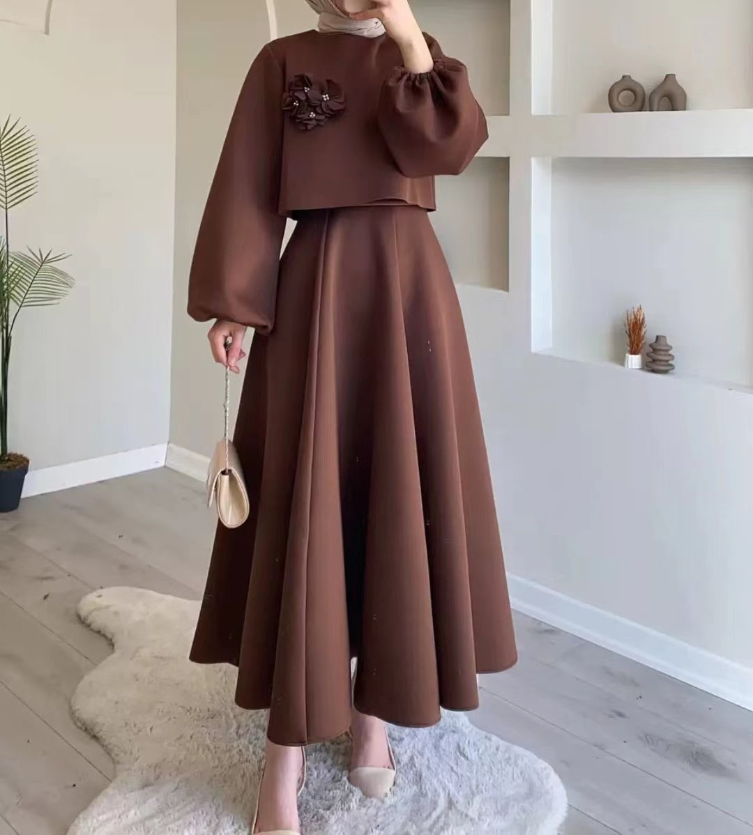 Solid Color Floral Flowy Midi Dress