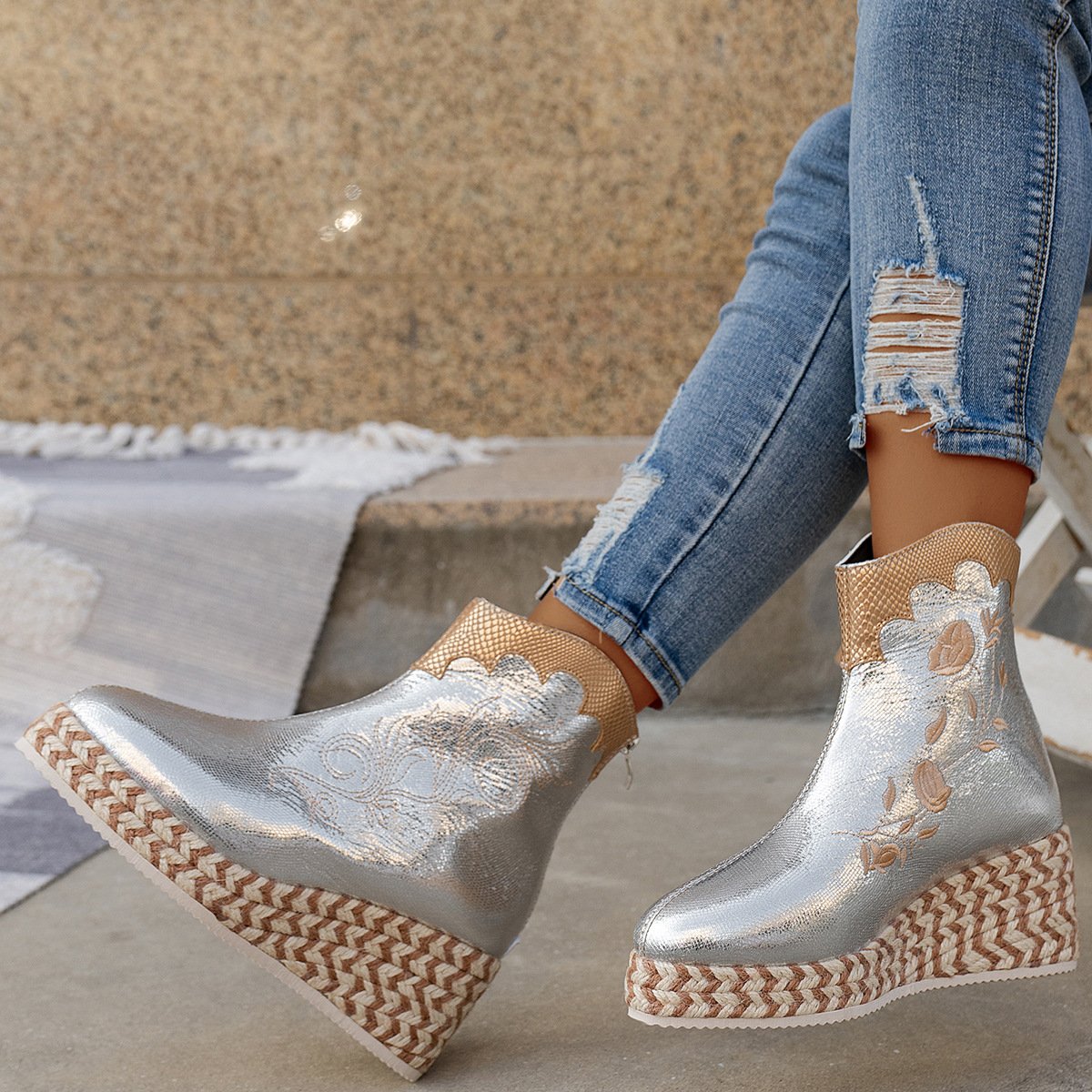 Wedges Embroidered Casual Retro Ankle Boots