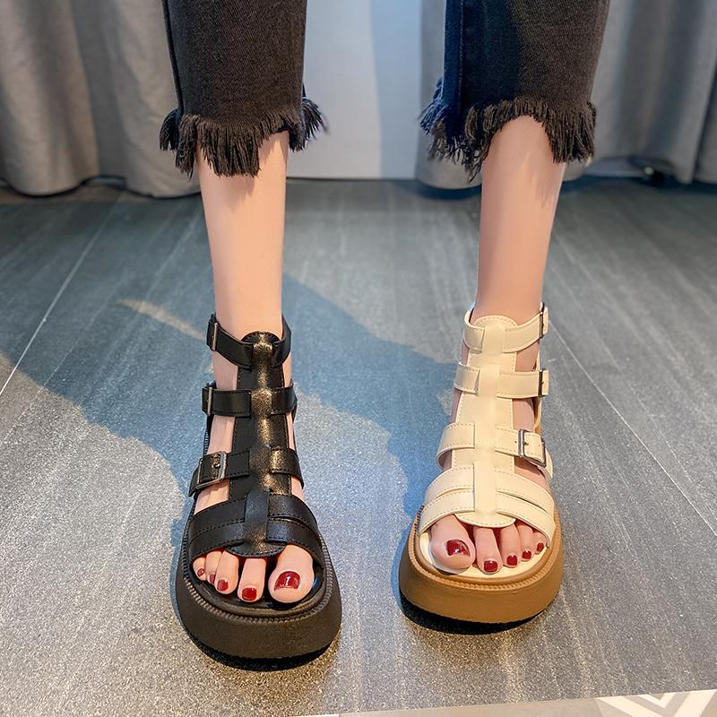Leather Heightening Casual Hollow Zipper Sandals