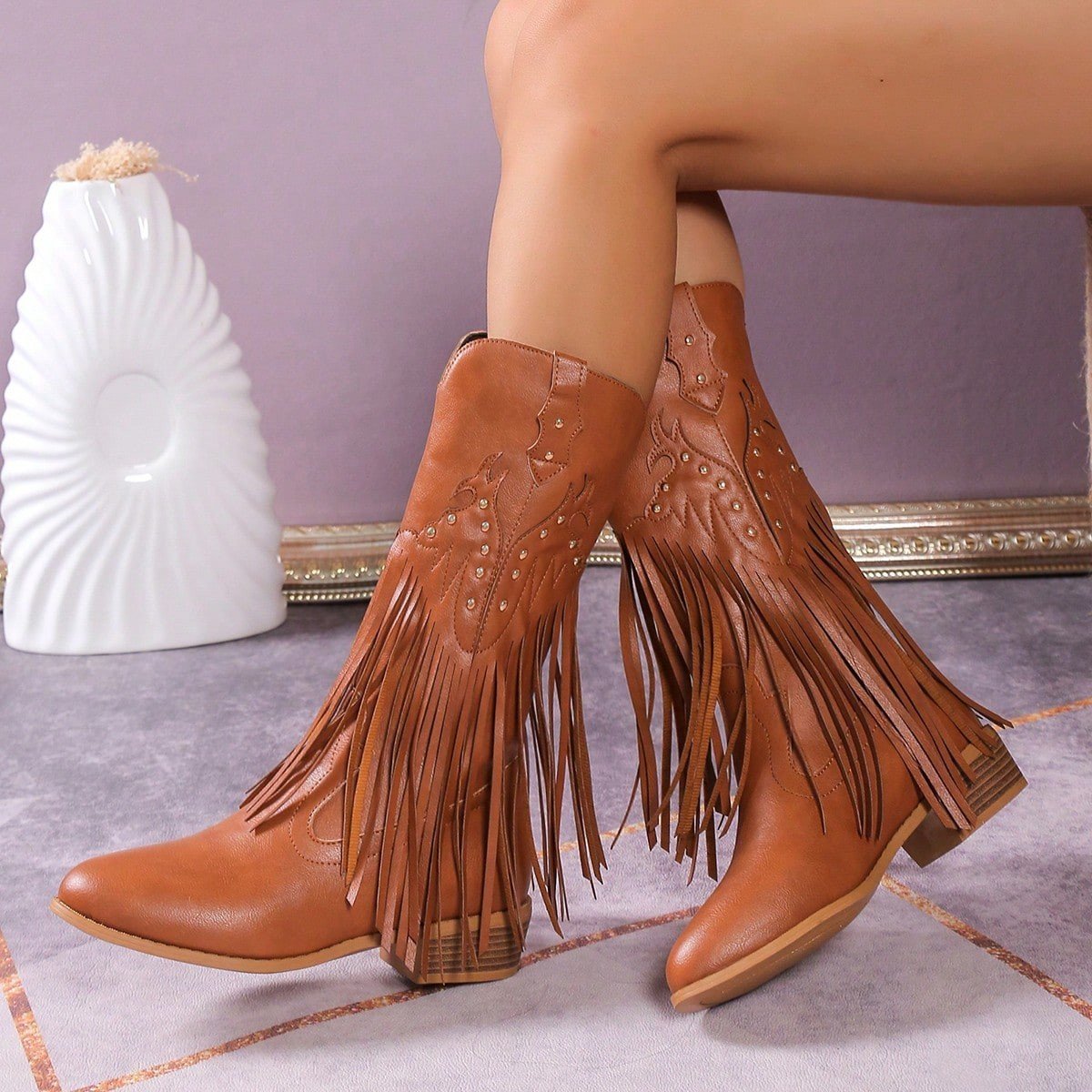 Tassels Rivets Leather Wedge Cowboy Boots
