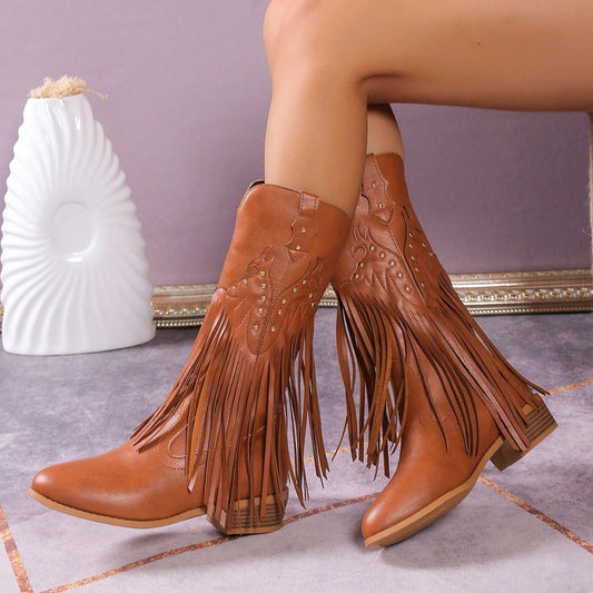 Tassels Rivets Leather Wedge Cowboy Boots