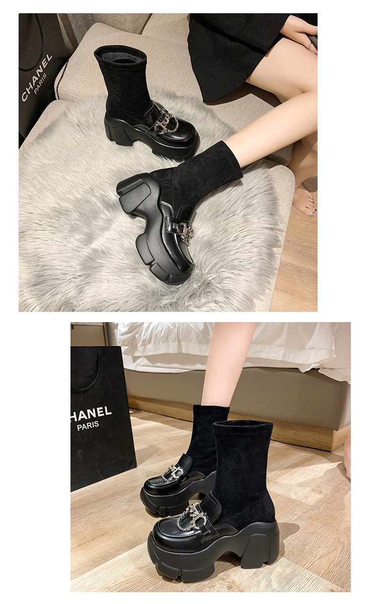 Metal Buckle Chunky Heel Elastics Boots
