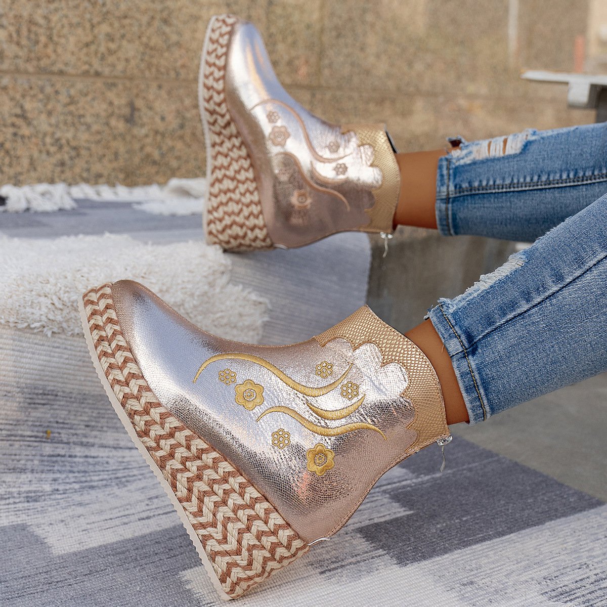 Wedges Embroidered Casual Retro Ankle Boots