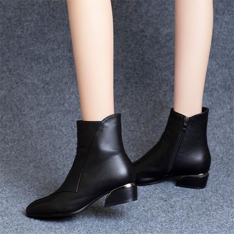 Black Soft Leather Thick Heel Boots