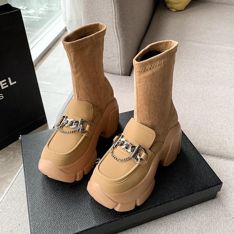 Metal Buckle Chunky Heel Elastics Boots