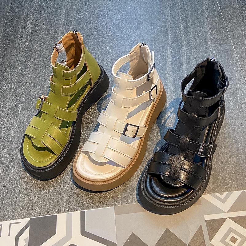 Leather Heightening Casual Hollow Zipper Sandals