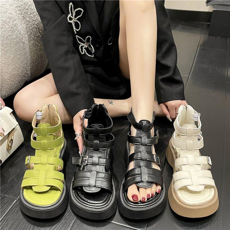 Leather Heightening Casual Hollow Zipper Sandals