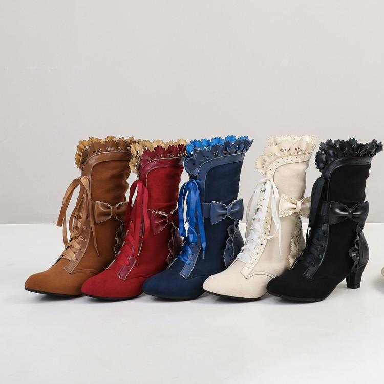 Ruffled Bow Ribbon Burnt Flower Knight Boots