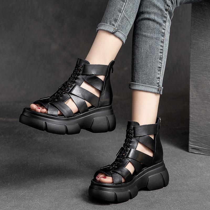 Comfortable Leather Retro Chunky Rocking Sandals