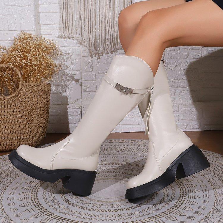 Leather Round Toe Thick Heels Boots