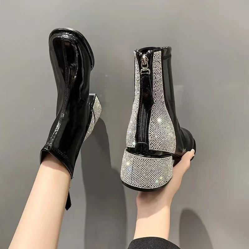 Rhinestone Leather Round Toe Boots