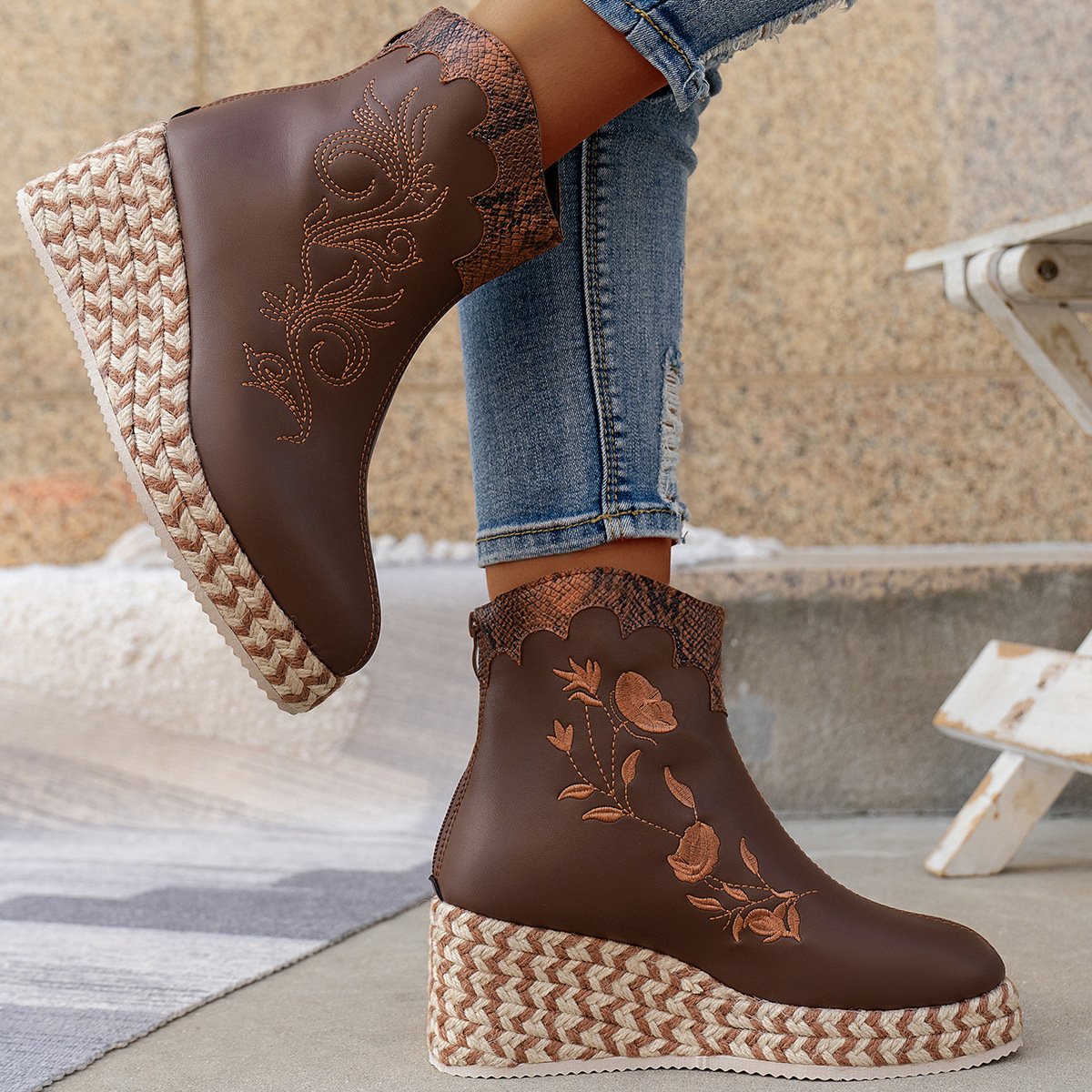 Wedges Embroidered Casual Retro Ankle Boots
