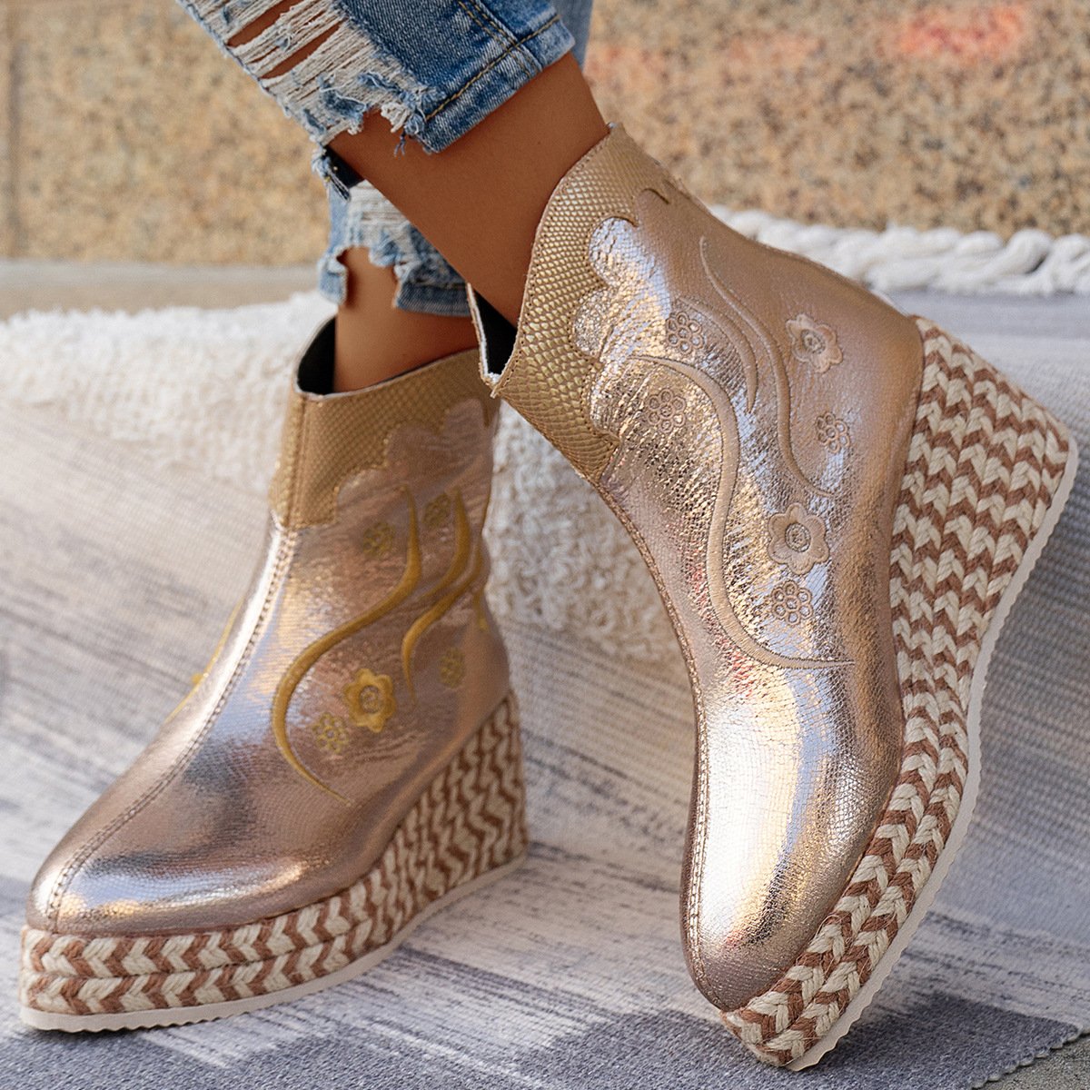 Wedges Embroidered Casual Retro Ankle Boots