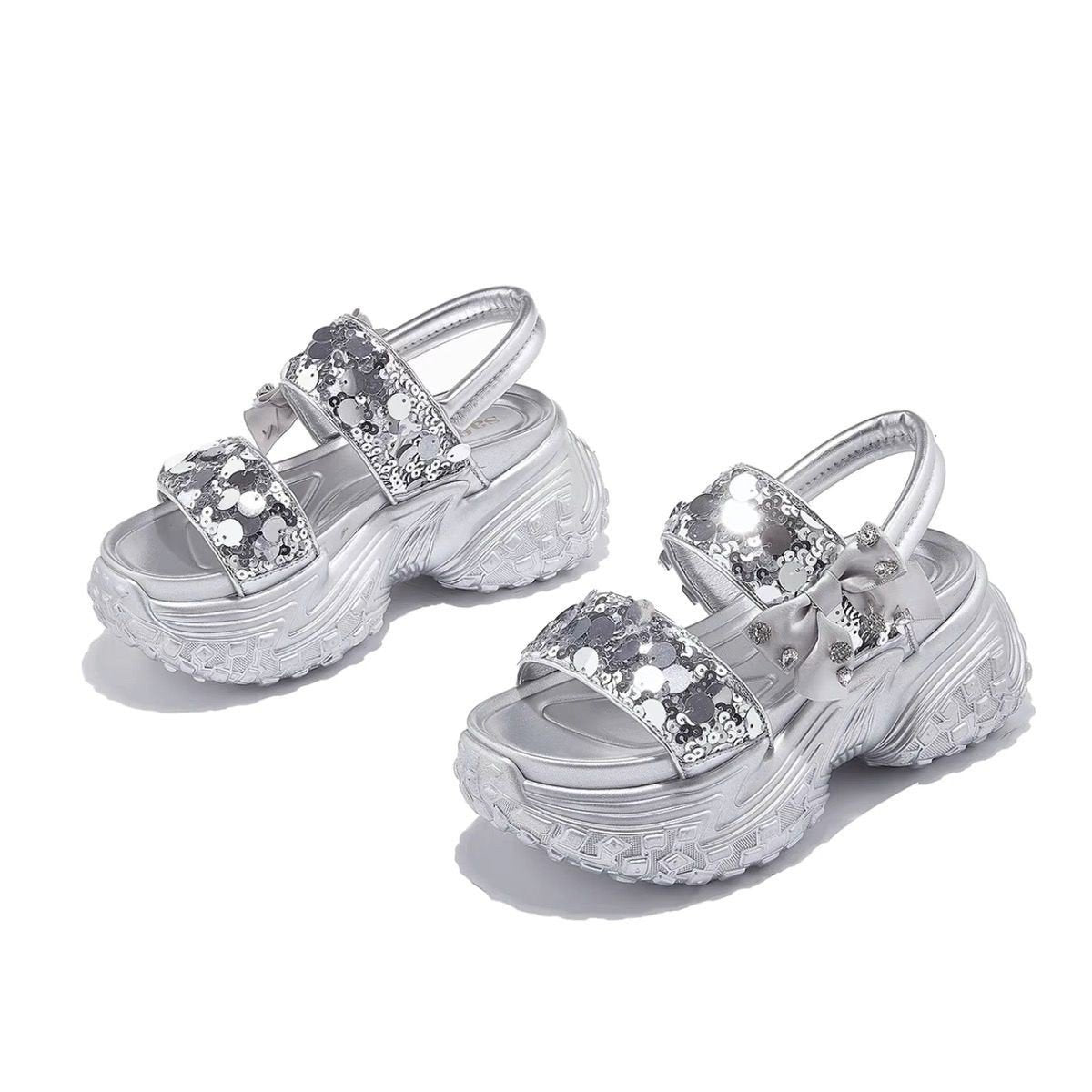Bow Sequins Chunky Sandals