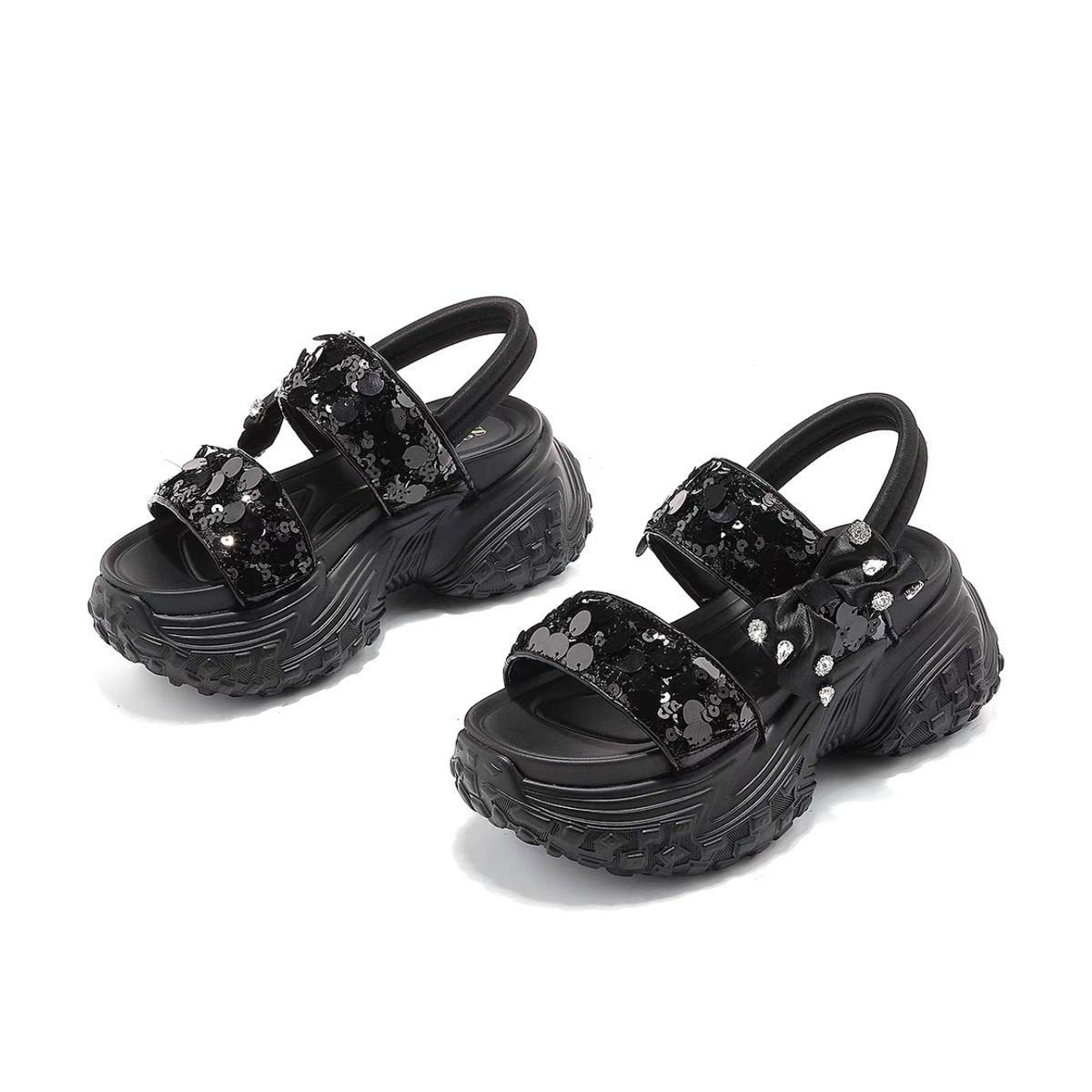 Bow Sequins Chunky Sandals