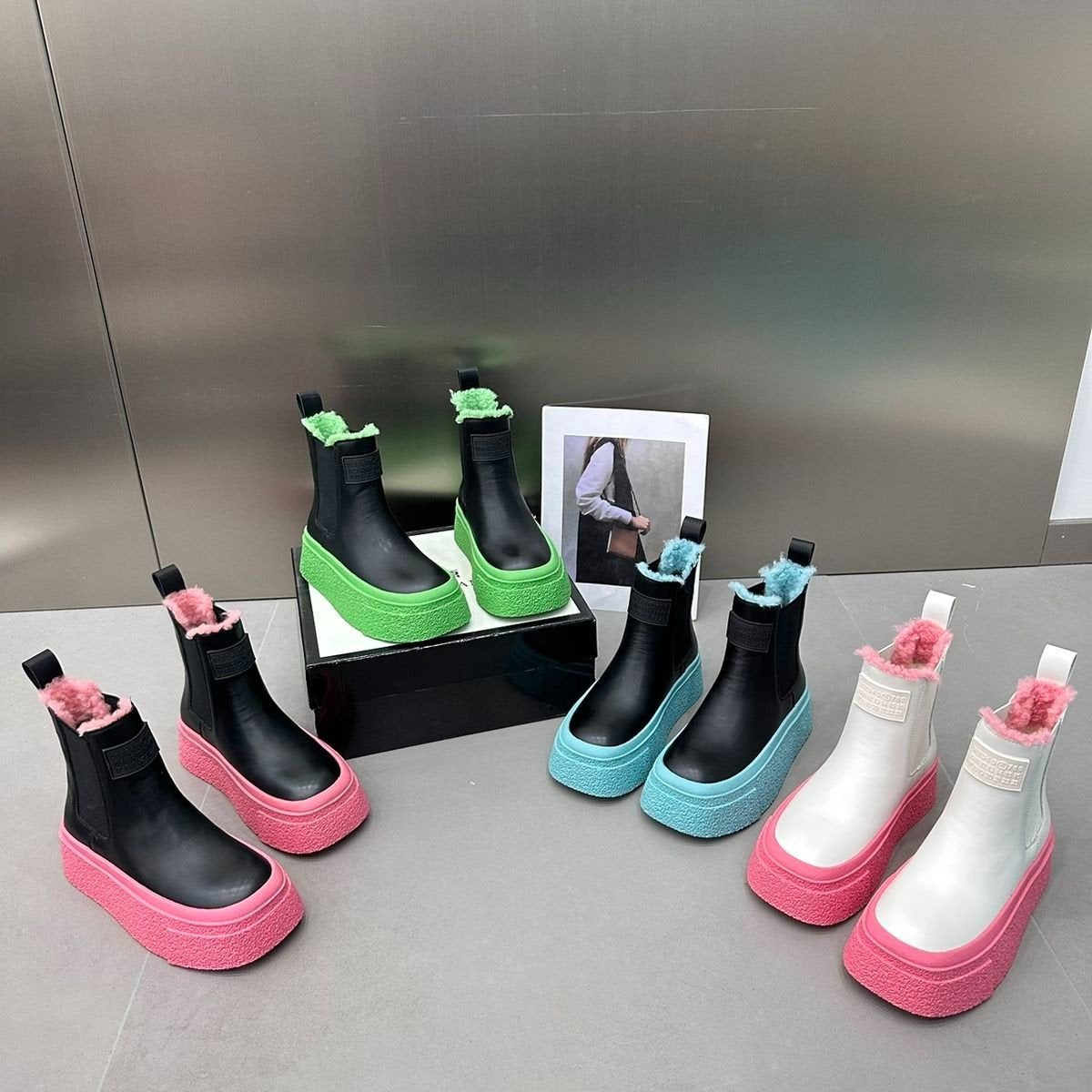 Bright Color Fur Flats Ankle Boots