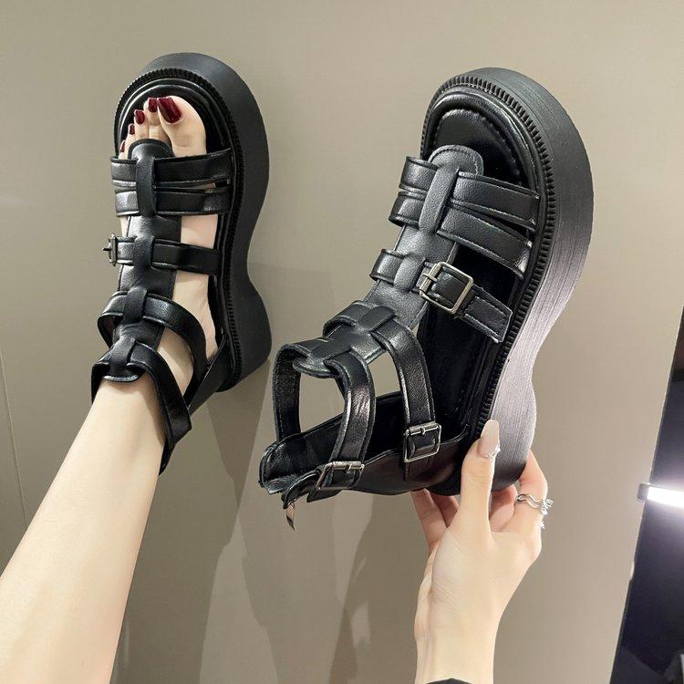 Leather Heightening Casual Hollow Zipper Sandals