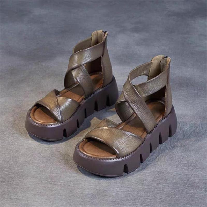Handmade Cross Cow Leather Wedges Sandals