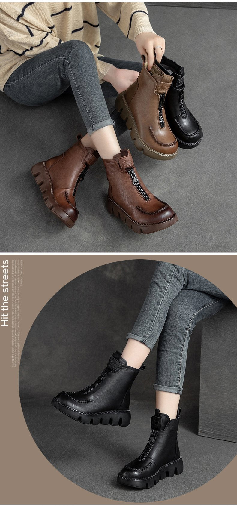 Warm Comfy Leather Zipper Boots