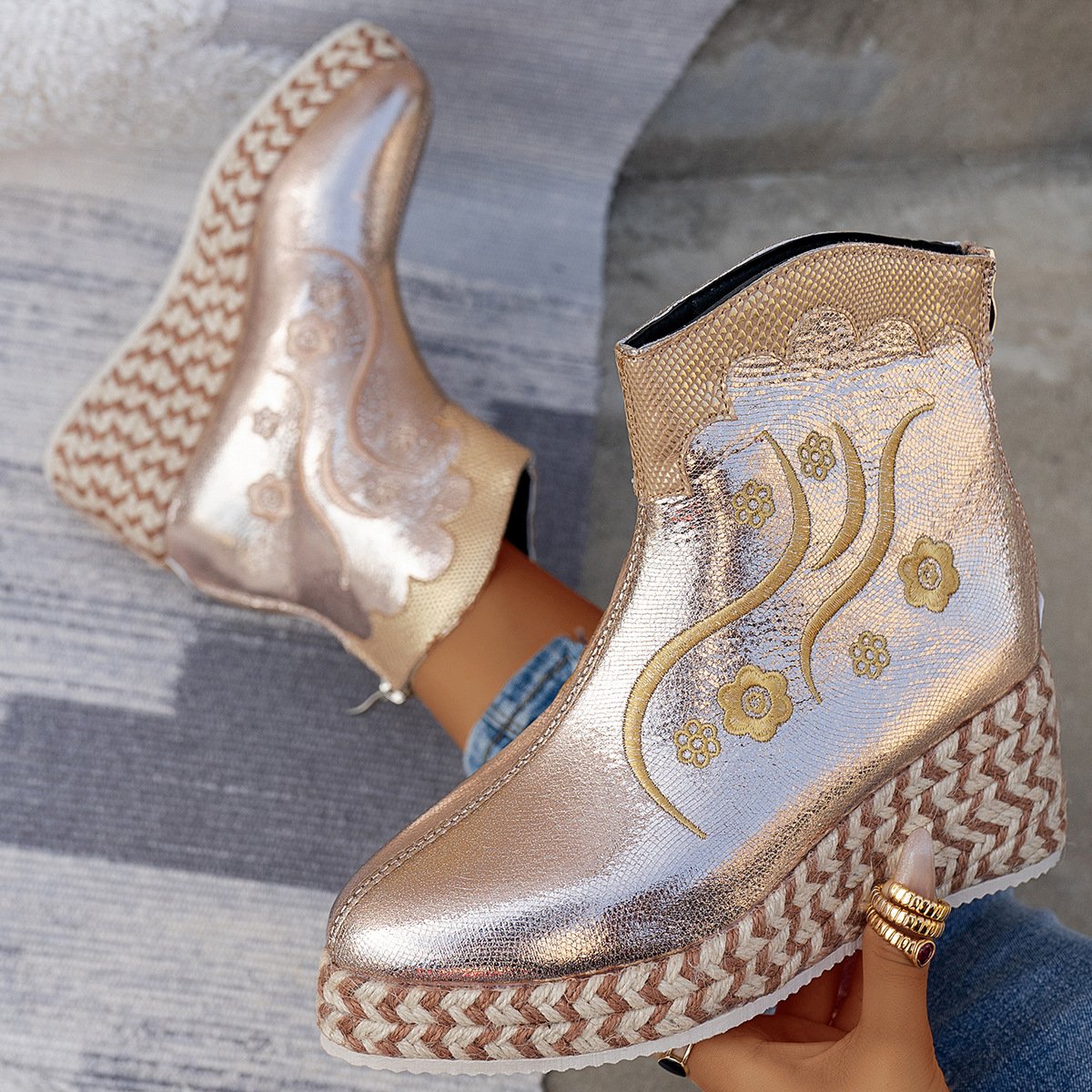 Wedges Embroidered Casual Retro Ankle Boots