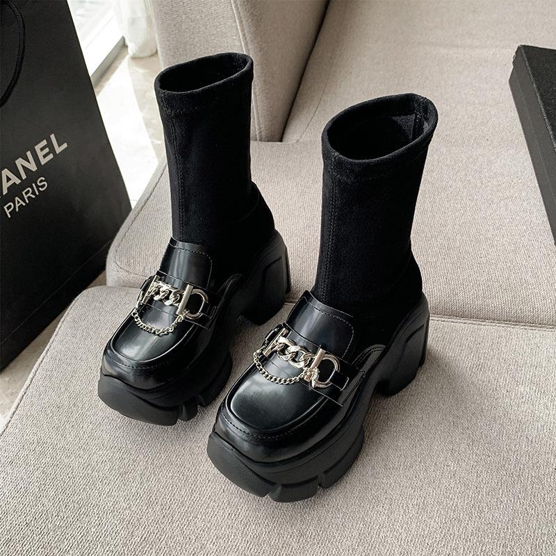 Metal Buckle Chunky Heel Elastics Boots