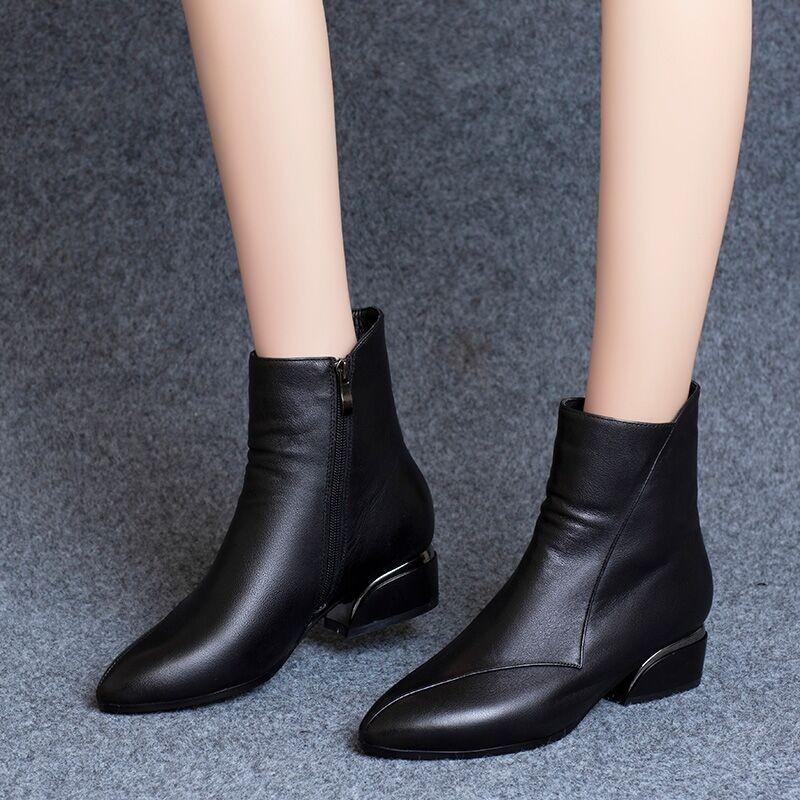 Black Soft Leather Thick Heel Boots