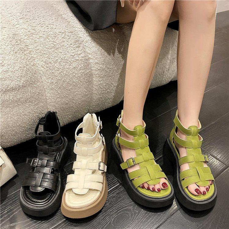 Leather Heightening Casual Hollow Zipper Sandals
