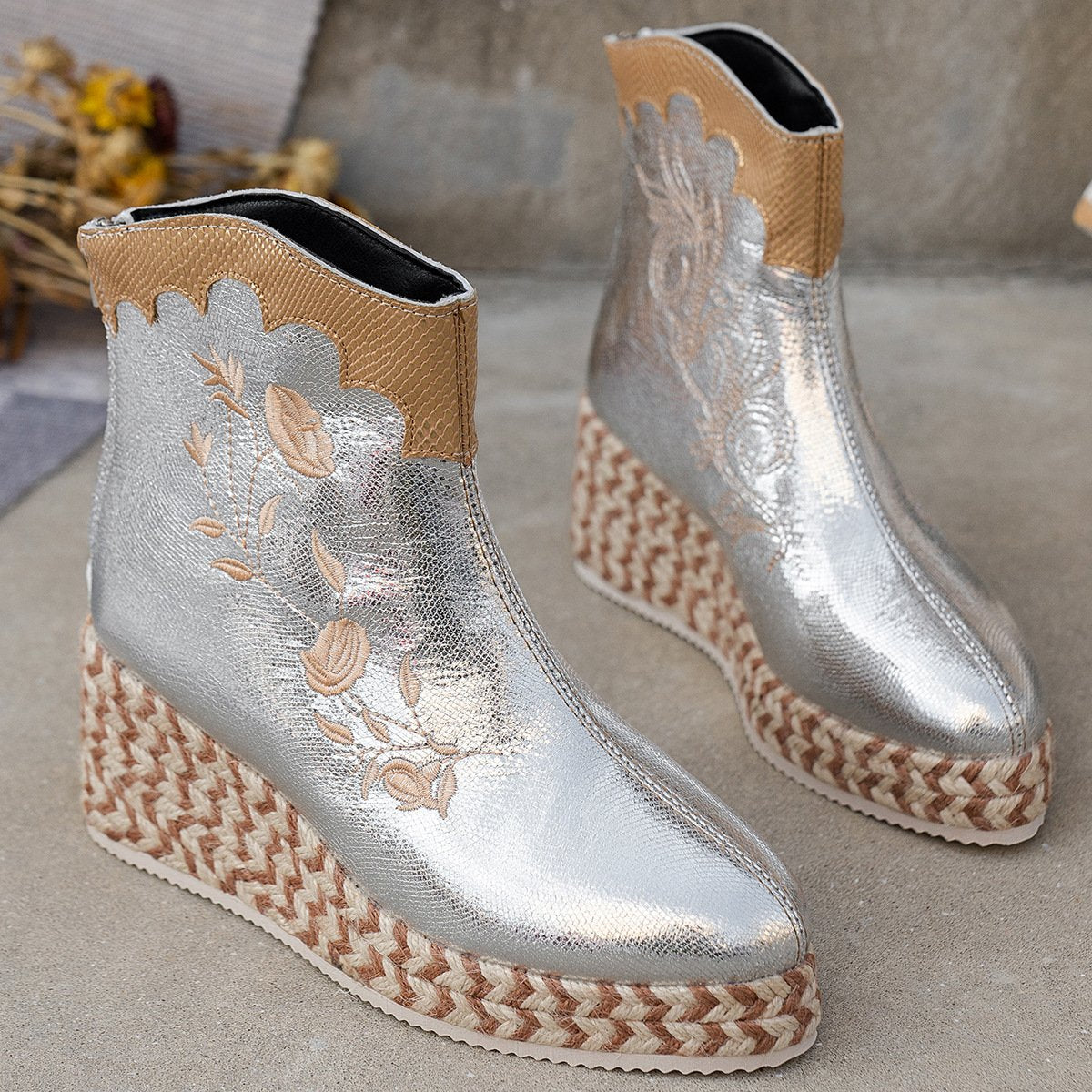 Wedges Embroidered Casual Retro Ankle Boots