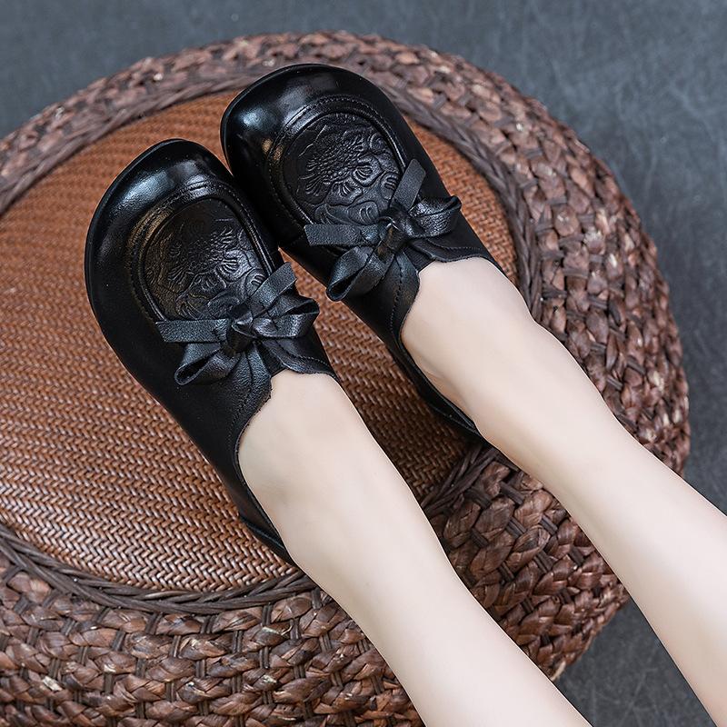 Bow Leather Mid-Heel Shoes